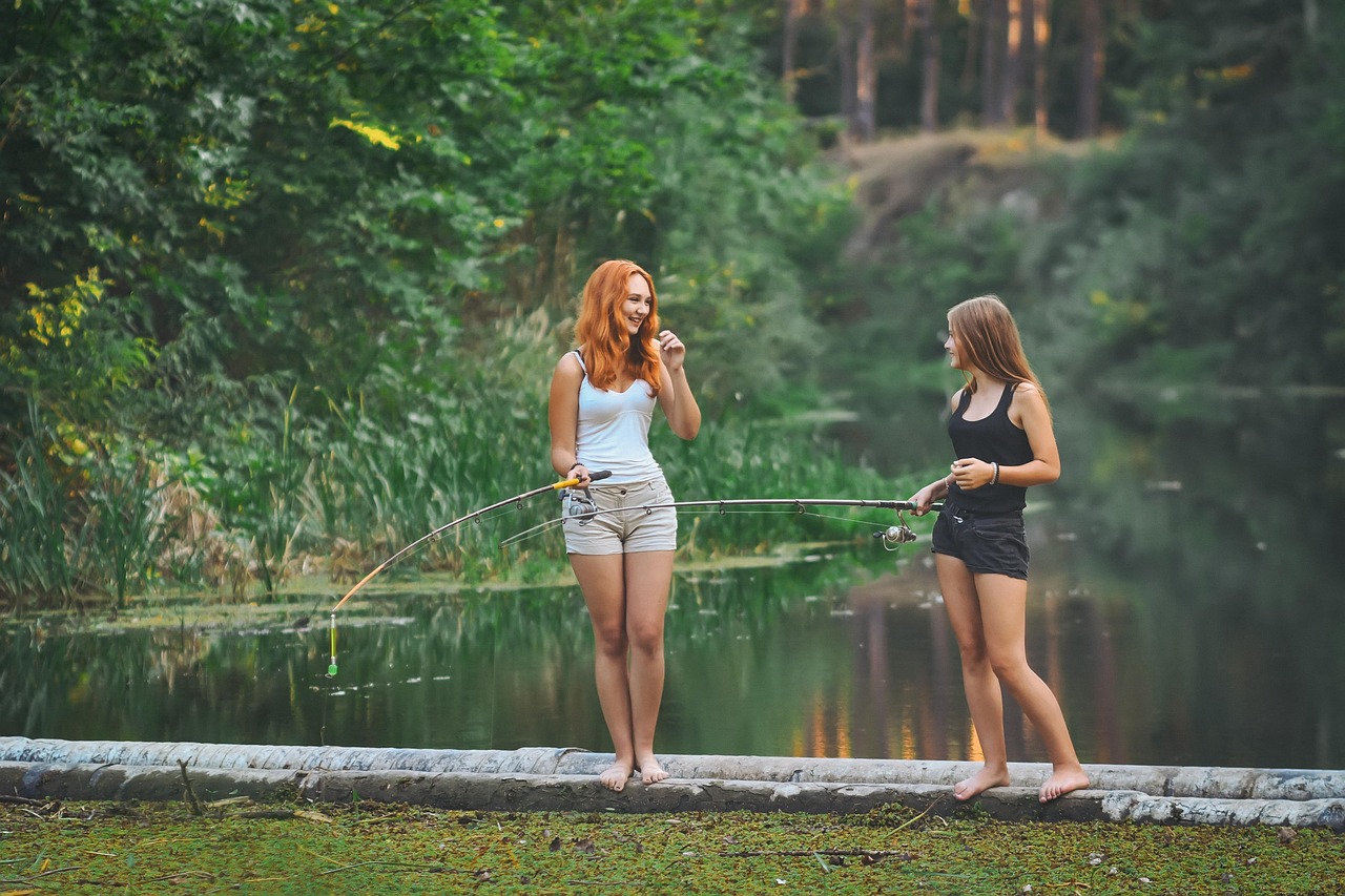 girls, river, summer, leisure, fishing, rod, nature, summer, summer, summer, summer, summer